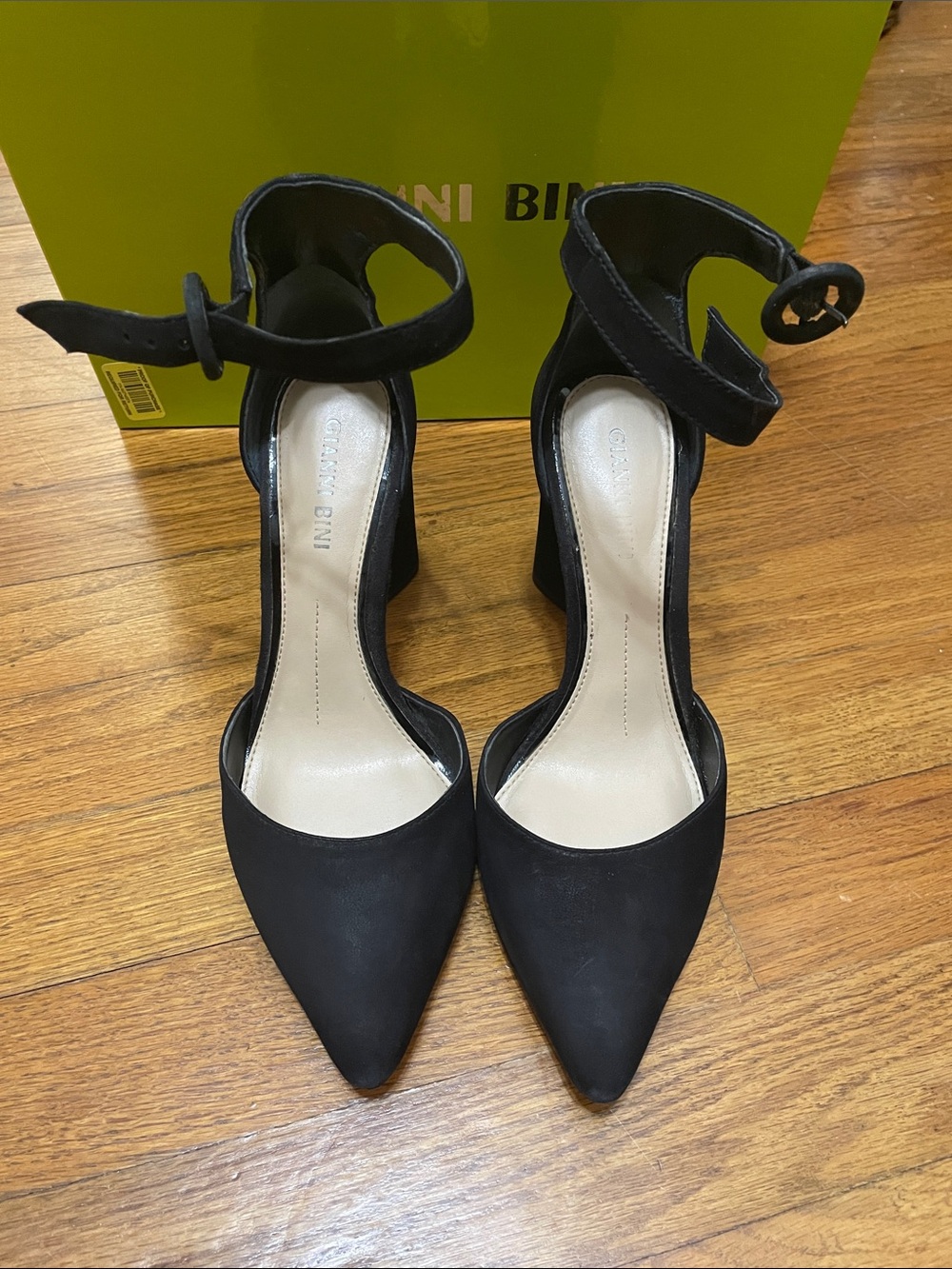 Gianni Bini Black Pointed-Toe Ankle-Strap Block Heels